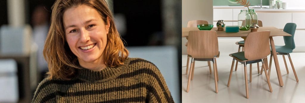 Marike Andeweg en haar ontworpen eetkamerstoelen Curv voor EYYE.